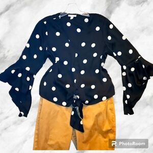 BAR III Black Polka Dot Blouse with Bell Sleeves